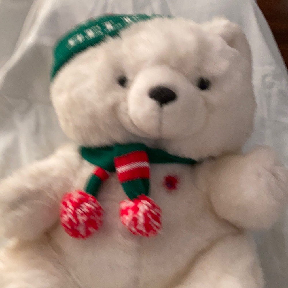Belkie  Musical Christmas Bear With Green And White ,Red Toboggan And Scarf